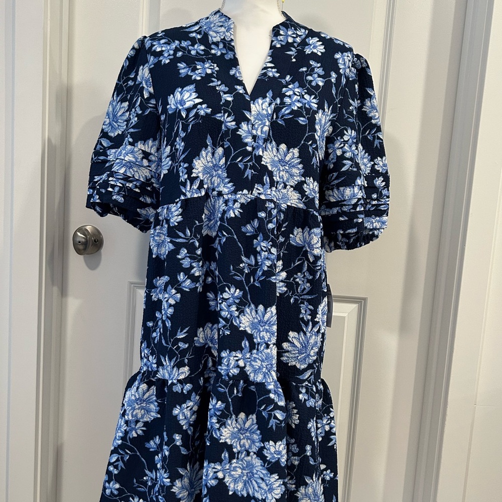 Ronni Nicole Navy and Light Blue Floral Tiered Midi Dress